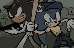 Size: 1298x851 | Tagged: safe, artist:rodka_sth, shadow the hedgehog, sonic the hedgehog, 2024, duo, gun, hat