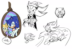 Size: 1858x1274 | Tagged: safe, artist:rodka_sth, miles "tails" prower, shadow the hedgehog, sonic the hedgehog, 2024, crossdressing, dress, implied suicide, korean text, maid outfit, noose, sketch, sparkles, speech bubble, trio
