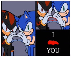 Size: 1556x1251 | Tagged: safe, artist:rodka_sth, shadow the hedgehog, sonic the hedgehog, 2024, duo, english text, gay, heart hands, heart hands failure, shadow x sonic, shipping