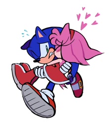 Size: 1096x1231 | Tagged: safe, artist:rodka_sth, amy rose, sonic the hedgehog, 2024, amy x sonic, carrying them, duo, heart, kiss, kiss on cheek, running, shipping, simple background, straight, white background