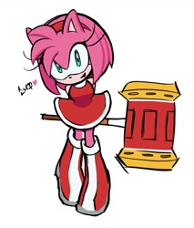 Size: 940x1102 | Tagged: safe, artist:rodka_sth, amy rose, 2024, heart, korean text, piko piko hammer, simple background, smile, solo, standing, white background