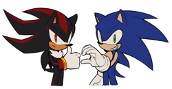 Size: 1863x966 | Tagged: safe, artist:rodka_sth, shadow the hedgehog, sonic the hedgehog, 2024, duo, heart hands failure, simple background, smile, standing, thumbs up, white background