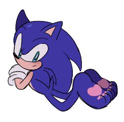 Size: 368x360 | Tagged: safe, artist:rodka_sth, sonic the hedgehog, 2024, barefoot, feet, lying down, lying on front, pawpads, simple background, solo, white background