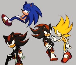 Size: 1988x1714 | Tagged: safe, artist:rodka_sth, shadow the hedgehog, sonic the hedgehog, super sonic, 2024, duo, grey background, gun, holding something, looking at each other, looking at them, simple background, standing, super form