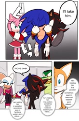 Size: 1041x1591 | Tagged: suggestive, artist:rodka_sth, amy rose, miles "tails" prower, rouge the bat, shadow the hedgehog, sonic the hedgehog, vector the crocodile, 2023, carrying them, comic, english text, group, looking at them, speech bubble, standing