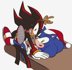Size: 1018x986 | Tagged: suggestive, artist:rodka_sth, shadow the hedgehog, sonic the hedgehog, 2023, duo, gay, looking at viewer, santa hat, shadow x sonic, shipping, simple background, standing, white background