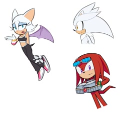 Size: 1189x1079 | Tagged: safe, artist:rodka_sth, knuckles the echidna, rouge the bat, silver the hedgehog, 2023, riders outfit, simple background, smile, sonic riders, standing, trio, white background