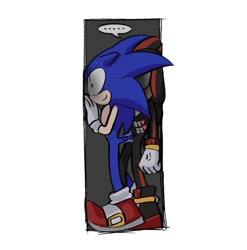 Size: 853x864 | Tagged: suggestive, artist:rodka_sth, shadow the hedgehog, sonic the hedgehog, 2023, duo, gay, korean text, shadow x sonic, shipping, simple background, standing, sweat, wagging tail, white background
