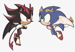 Size: 790x546 | Tagged: safe, artist:rodka_sth, shadow the hedgehog, sonic the hedgehog, 2023, demon, duo, horns, looking at each other, looking at them, simple background, smile, white background, wings
