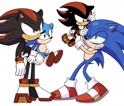 Size: 1794x1526 | Tagged: safe, artist:rodka_sth, shadow the hedgehog, sonic the hedgehog, classic shadow, classic sonic, gay, group, looking at each other, looking at them, self paradox, shadow x sonic, shipping, simple background, standing, white background