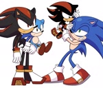 Size: 1794x1526 | Tagged: safe, artist:rodka_sth, shadow the hedgehog, sonic the hedgehog, classic shadow, classic sonic, gay, group, looking at each other, looking at them, self paradox, shadow x sonic, shipping, simple background, standing, white background