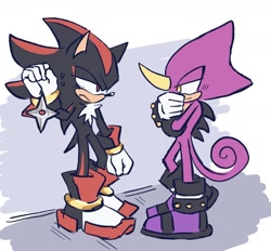 Size: 1446x1344 | Tagged: safe, artist:aleespace-art, espio the chameleon, shadow the hedgehog, 2025, flat colors, gay, looking at each other, shadpio, shipping, shuriken, standing