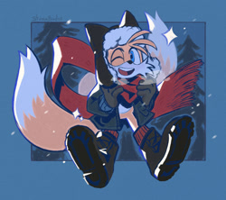 Size: 2048x1821 | Tagged: safe, artist:straybird25, miles "tails" prower, 2025, alternate outfit, boots, brown gloves, clothes, coat, hat, looking at viewer, mouth open, open smile, scarf, smile, smiling at viewer, snow, sparkles, ushanka hat, wink, winter, winter outfit