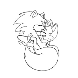 Size: 982x982 | Tagged: safe, artist:alilvanny, miles "tails" prower, sonic the hedgehog, 2023, gay, holding them, line art, shipping, simple background, sitting, smile, sonic x tails, white background
