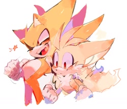 Size: 1725x1489 | Tagged: safe, artist:usa37107692, miles "tails" prower, sonic the hedgehog, super sonic, super tails, arm around shoulders, looking offscreen, simple background, smile, standing, star (symbol), super form, white background