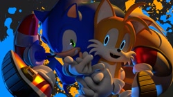 Size: 1661x933 | Tagged: safe, artist:dokatzo, artist:leymi-lopez, artist:tweetygal15, miles "tails" prower, sonic the hedgehog, fox, hedgehog, 2025, 3d, abstract background, duo, glowing eyes, looking at viewer, male, mouth open, one fang, paint, paint splatter, smile, smiling at viewer