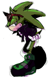 Size: 355x550 | Tagged: safe, artist:mitsu8, scourge the hedgehog, 2011, bending over, hands on hips, lidded eyes, looking at viewer, side view, simple background, sketch, smile, smiling at viewer, standing, white background