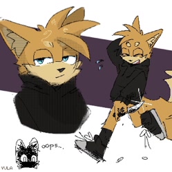 Size: 1434x1440 | Tagged: safe, artist:yulayumeno, miles "tails" prower, 2024, :/, beanbrows, black shoes, clothes, dialogue, hands in pocket, holding something, hoodie, knife, shine, smile, text