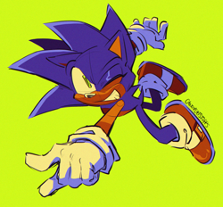 Size: 2568x2387 | Tagged: safe, artist:candycatstuffs, sonic the hedgehog, 2025, eyestrain, mid-air, posing, simple background, smile, smiling at viewer, wink, winking at viewer, yellow background
