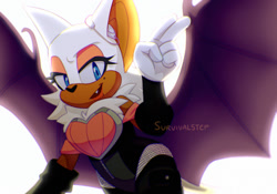 Size: 1280x898 | Tagged: safe, artist:survivalstep, rouge the bat, chest fluff, looking at viewer, mouth open, one fang, signature, simple background, smile, smiling at viewer, white background