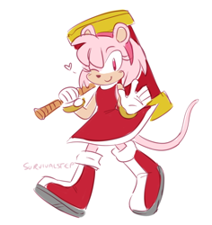 Size: 500x529 | Tagged: safe, artist:survivalstep, amy rose, mouse, amybetes, cute, female, flat colors, heart, holding something, piko piko hammer, simple background, smile, smiling at viewer, species swap, walking, waving, waving at viewer, wink, winking at viewer