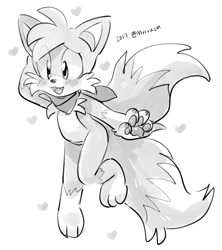 Size: 1135x1280 | Tagged: safe, artist:mirikun, miles "tails" prower, 2017, bandana, barefoot, blushing, claws, cute, eye clipping through hair, gloves off, greyscale, hand behind head, heart, looking offscreen, monochrome, mouth open, one fang, pawpads, paws, signature, simple background, white background