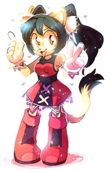 Size: 817x1280 | Tagged: safe, artist:mirikun, honey the cat, cat, 2017, eyebrow clipping through hair, heart, looking at viewer, mouth open, open smile, pointing, simple background, smile, smiling at viewer, standing, v sign, white background