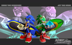 Size: 2048x1280 | Tagged: safe, artist:sonicridersrevo, jet the hawk, sonic the hedgehog, 2023, 3d, chaos emerald, character name, duo, echo background, extreme gear, holding something, looking at viewer, sonic riders, sonic riders evo, standing, text, wallpaper