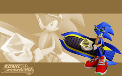Size: 2048x1280 | Tagged: safe, artist:sonicridersrevo, sonic the hedgehog, 2023, 3d, alternate version, chaos emerald, echo background, extreme gear, holding something, looking at viewer, solo, sonic riders, sonic riders evo, standing, wallpaper