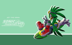 Size: 2048x1280 | Tagged: safe, artist:sonicridersrevo, jet the hawk, 2023, 3d, character name, extreme gear, outline, posing, smile, smiling at viewer, solo, sonic riders, sonic riders evo, text, v sign, wallpaper