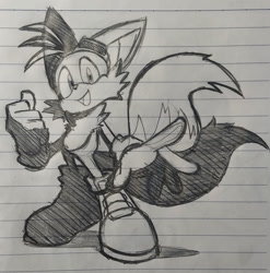 Size: 1750x1769 | Tagged: safe, artist:stupidfred0, miles "tails" prower, 2023, clenched fist, mouth open, open smile, pencilwork, riders style, smile, smiling at viewer, solo, sonic riders, standing, traditional media