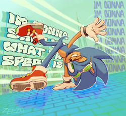 Size: 2048x1877 | Tagged: safe, artist:zeezu-ix, sonic the hedgehog, 2023, abstract background, english text, hand up, leg up, outline, posing, signature, smile, smiling at viewer, solo, song lyrics, sonic riders, sonic speed riders, text, upside down, wink, winking at viewer