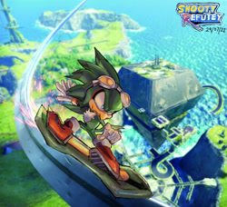 Size: 1850x1685 | Tagged: safe, artist:shootyrefutey, jet the hawk, sonic frontiers, 2022, abstract background, extreme gear, looking ahead, looking offscreen, rail grinding, railing, signature, smile, solo, sonic riders