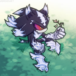 Size: 2048x2048 | Tagged: safe, artist:droidsart, mephiles the dark, 2025, abstract background, grass, holding something, leaf, looking at something, sitting, solo