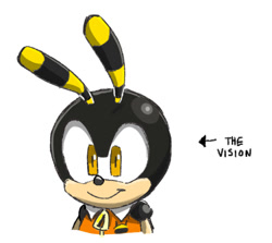 Size: 1095x977 | Tagged: safe, artist:nanitecity, charmy bee, 2025, arrow, bald, bust, english text, looking offscreen, missing accessory, simple background, smile, solo, text, white background