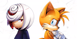 Size: 2047x1047 | Tagged: safe, artist:thatbirdguy_, miles "tails" prower, sage, sonic frontiers, 2025, alternate universe, au:tails frontiers, back to back, biting, duo, frown, side view, sweatdrop