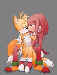 Size: 994x1325 | Tagged: safe, artist:shadystation, knuckles the echidna, miles "tails" prower, 2022, aged up, blushing, duo, gay, grey background, holding each other, kiss on cheek, knuxails, older, shipping, simple background, sitting, smile
