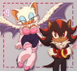 Size: 1300x1200 | Tagged: safe, artist:mono, rouge the bat, shadow the hedgehog, abstract background, duo, heart, shadouge, shipping, straight