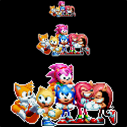 Size: 500x500 | Tagged: safe, artist:doa687, amy rose, knuckles the echidna, mighty the armadillo, miles "tails" prower, ray the flying squirrel, sonic the hedgehog, sonic mania, 2018, black background, classic amy, classic knuckles, classic mighty, classic ray, classic sonic, classic tails, group, outline, pixel art, redraw, simple background, smile, sonic mania plus, sprite