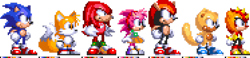 Size: 1280x295 | Tagged: safe, artist:decodedpixels, amy rose, knuckles the echidna, mighty the armadillo, miles "tails" prower, ray the flying squirrel, sonic the hedgehog, trip the sungazer, 2024, classic amy, classic knuckles, classic mighty, classic ray, classic sonic, classic tails, classic trip, color palette, group, looking ahead, looking offscreen, pixel art, simple background, sonic the hedgehog 3, sprite, standing, style emulation, transparent background
