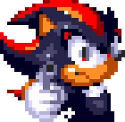 Size: 350x340 | Tagged: safe, artist:decodedpixels, shadow the hedgehog, 2025, frown, gun, holding something, looking at viewer, pixel art, pointing gun at viewer, simple background, solo, sprite, transparent background