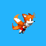 Size: 150x150 | Tagged: safe, artist:deltaconduit, miles "tails" prower, sonic the hedgehog (1991), 2023, animated, blue background, classic tails, clenched fists, gif, infinite loop, looking ahead, looking offscreen, pixel art, simple background, solo, spinning tails, sprinting, sprite, style emulation