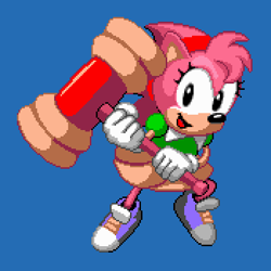 Size: 350x350 | Tagged: safe, artist:deltaconduit, amy rose, sonic the hedgehog (1991), 2023, blue background, classic amy, holding something, looking at viewer, mouth open, open smile, piko piko hammer, pixel art, simple background, smile, smiling at viewer, solo, sprite, style emulation