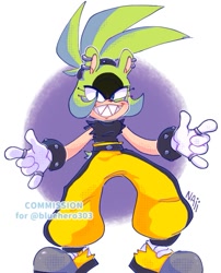Size: 611x757 | Tagged: safe, artist:iluskonai, surge the tenrec, 2024, abstract background, commission, devil horns (gesture), eye twitch, looking at viewer, signature, smile, smiling at viewer, solo, standing