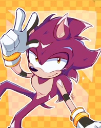 Size: 970x1234 | Tagged: safe, artist:iluskonai, oc, oc:grimm the hedgehog, hedgehog, 2024, abstract background, checkered background, commission, fur markings, lidded eyes, male, oc only, signature, smile, smiling at viewer, solo, sparkles, v sign