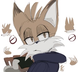 Size: 1104x1023 | Tagged: safe, artist:iluskonai, miles "tails" prower, nine, sonic prime, 2024, frown, holding something, lidded eyes, miles electric, simple background, sitting, sketch, solo, white background
