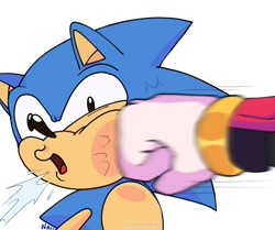 Size: 1242x1037 | Tagged: safe, artist:iluskonai, shadow the hedgehog, sonic the hedgehog, sonic x shadow generations, 2024, abuse, classic sonic, duo, faic, motion blur, punching, signature, simple background, solo focus, white background