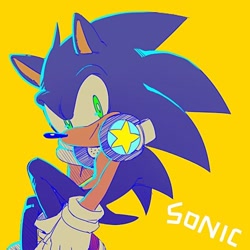 Size: 500x500 | Tagged: dead source, safe, artist:syesye996, sonic the hedgehog, character name, eyestrain, headphones, headphones around neck, looking at viewer, simple background, sitting, smile, smiling at viewer, solo, text, yellow background