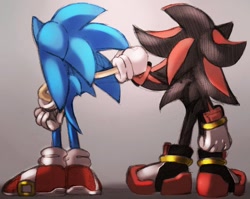 Size: 600x477 | Tagged: safe, artist:syesye996, shadow the hedgehog, sonic the hedgehog, duo, fistbump, from behind, gradient background, standing
