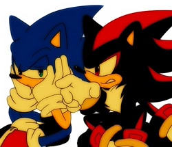 Size: 500x430 | Tagged: safe, artist:syesye996, shadow the hedgehog, sonic the hedgehog, duo, head rest, legs crossed, lidded eyes, looking at each other, simple background, sitting, white background